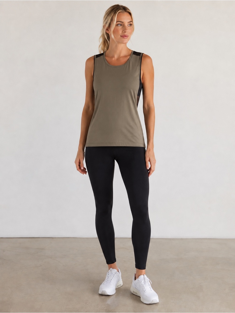 Alala Tan and Black Athletic Tank with Gold Logo and Mesh Back